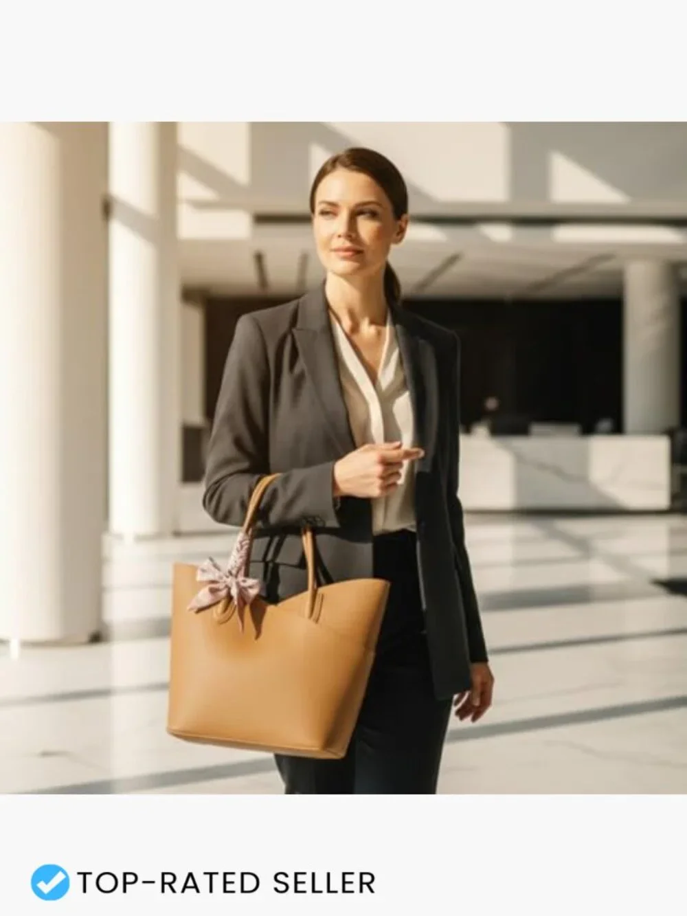 Faux Leather Structured Tote Bag w/ Zipper Clutch, 2-in-1 Work Travel Shoulder